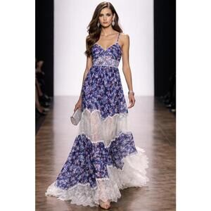 $990 Badgley Mischka Blue Ivory Floral Lace Tiered Maxi Gown Runway Sz 4 Iconic